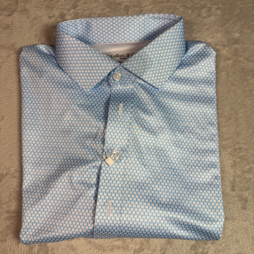 NWOT Collars & Co Mens Dress Collar Polo Shirt M Blue White Geometric Print